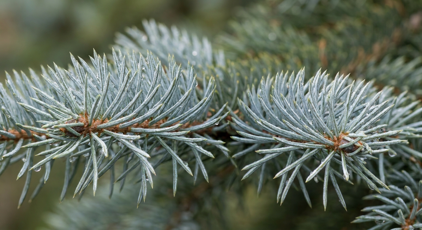 Close-up of blue spruce needles showing silvery-blue waxy coating and conifer needle texture in Northeast Indiana landscape