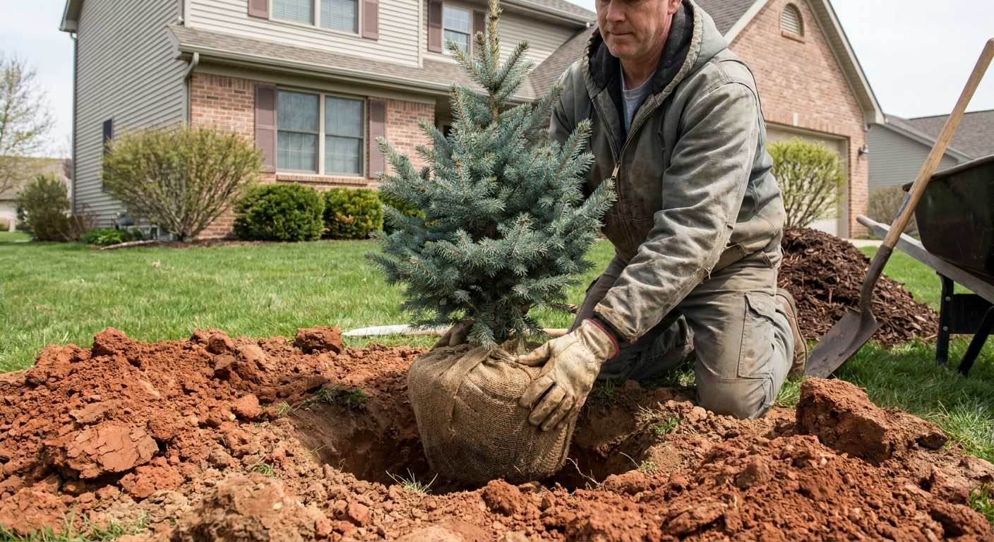 Landscaper planting young blue spruce tree in clay soil with proper spacing in Fort Wayne residential yard during spring