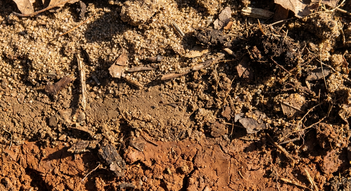 Cross-section of balanced topsoil mix showing sand silt clay and organic matter composition for Fort Wayne lawns
