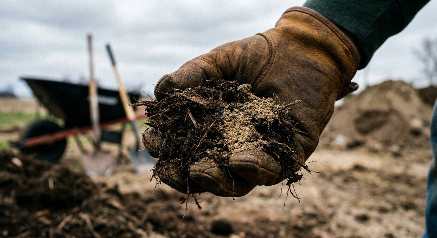 Landscaper holding enriched topsoil with visible organic matter and compost for lawn installation in Fort Wayne