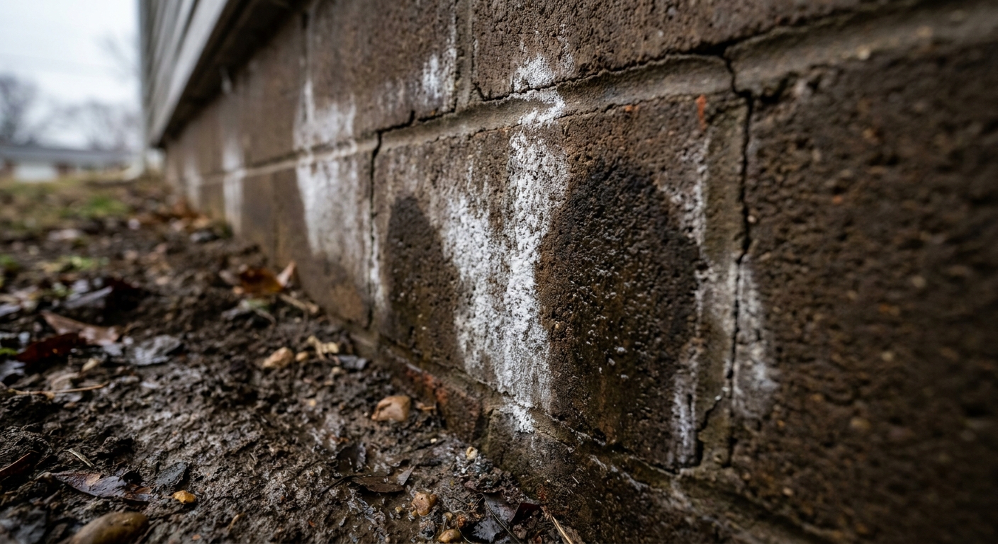 Foundation wall with efflorescence staining and moisture damage indicating water seepage in Fort Wayne