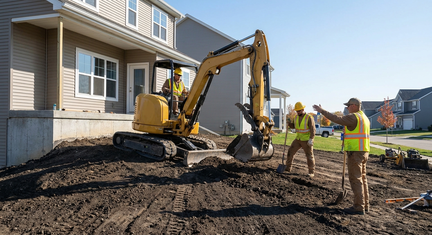 Professional grading work with equipment reshaping soil around home foundation in Fort Wayne Indiana