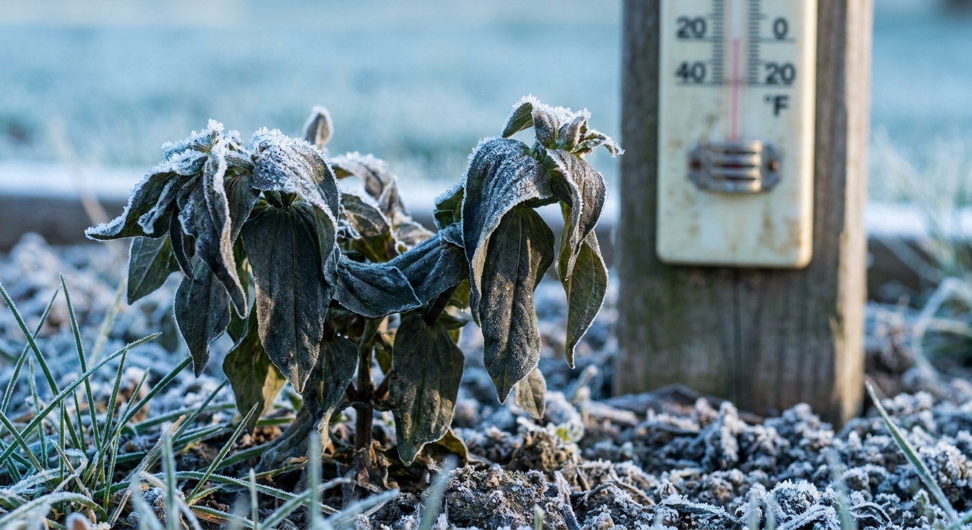 Frost-damaged annual flowers and frozen garden soil in early spring Fort Wayne, demonstrating frost risk