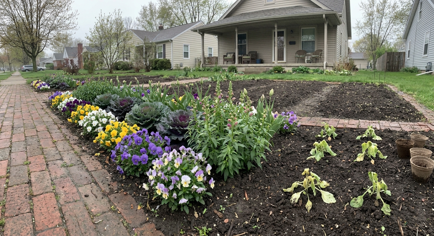 Cold-hardy pansies and snapdragons thriving in early spring Fort Wayne garden before last frost date