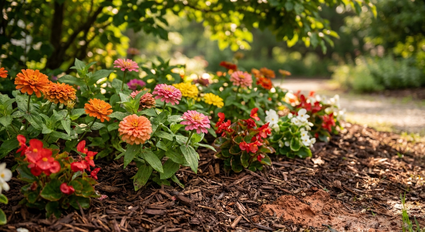 Close-up of zinnias and begonias with mulch in Fort Wayne's clay soil garden bed