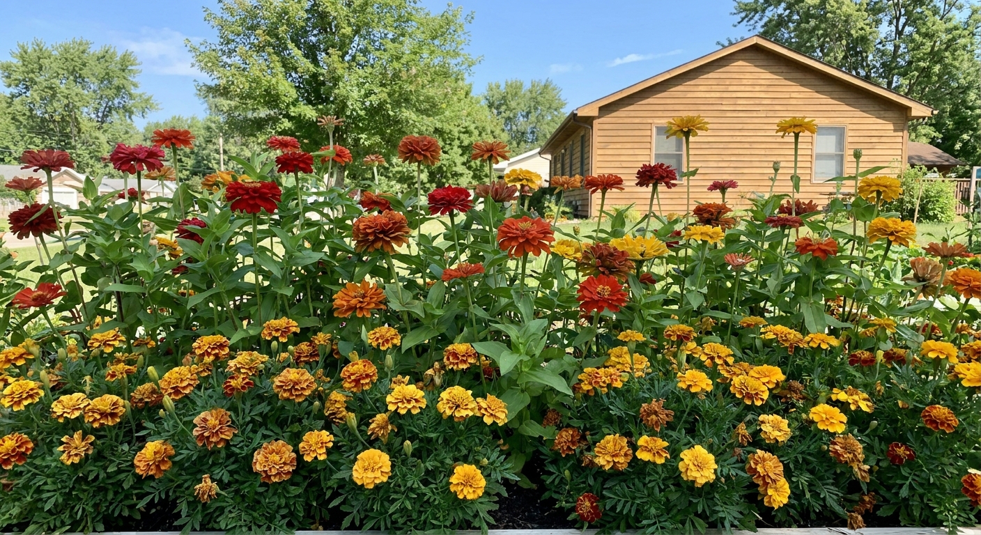 Full-sun annual flower bed with tall zinnias and marigolds in Fort Wayne, Indiana garden