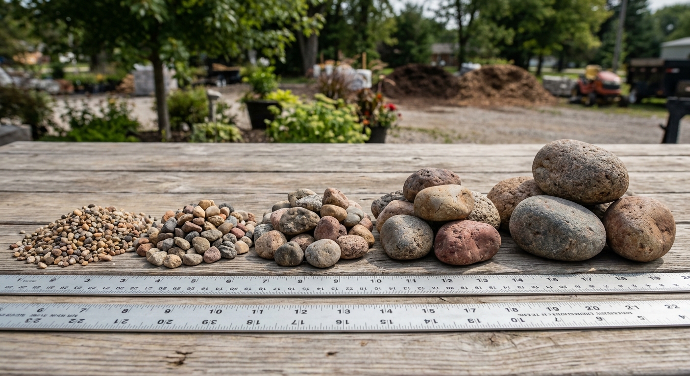 Five grades of river rock sizes displayed in order from small pea gravel to large jumbo boulders for Fort Wayne landscaping