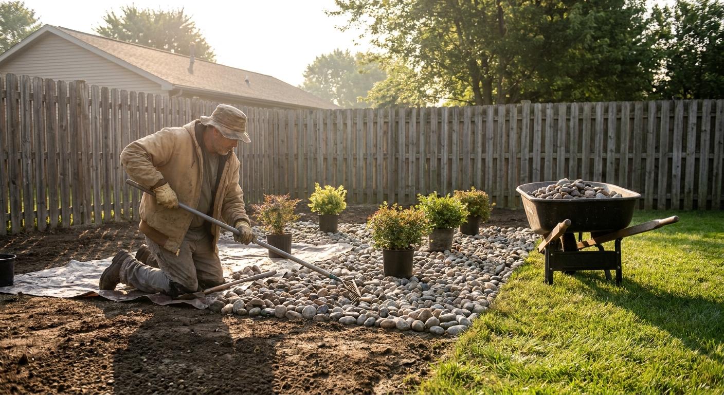 Professional landscaper installing medium river rock around plants in Fort Wayne residential landscaping project