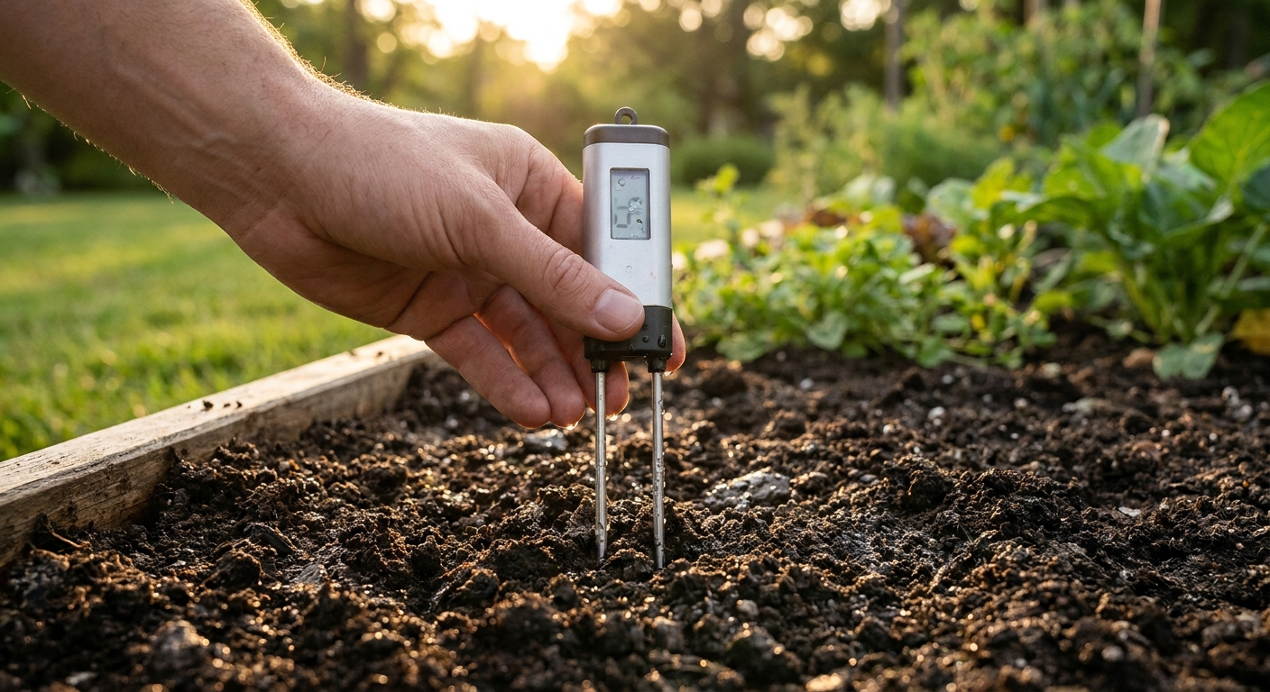 Soil moisture sensor inserted into Northeast Indiana garden bed showing real-time water measurement technology for smart irrigation systems