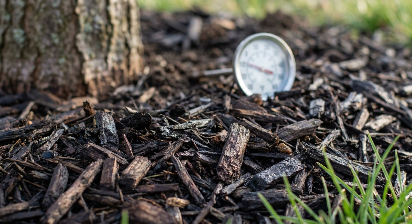 Moist dark wood mulch around tree base retaining soil moisture in Fort Wayne landscape