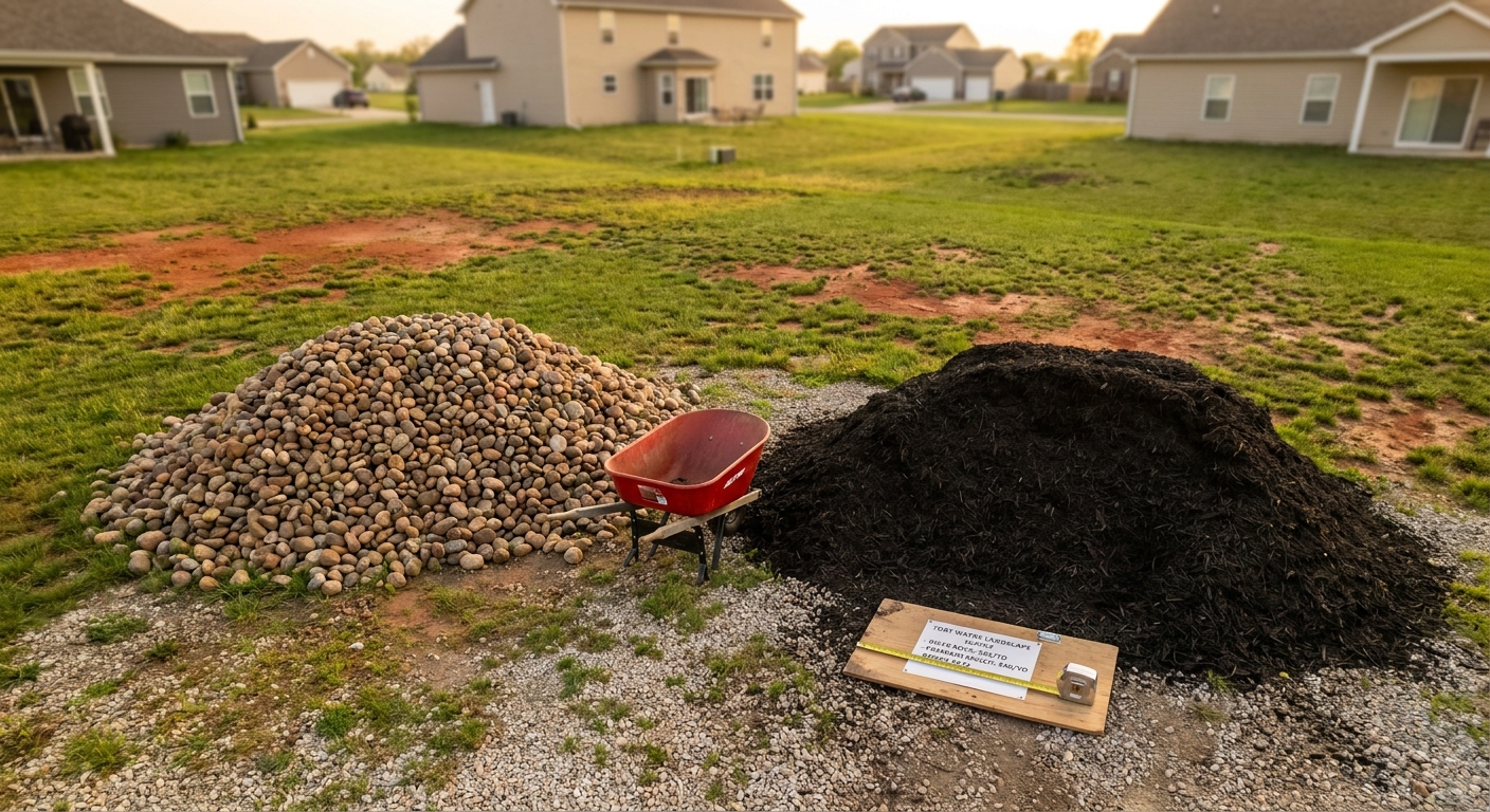 Cost comparison of mulch and river rock materials delivered to Fort Wayne yard project