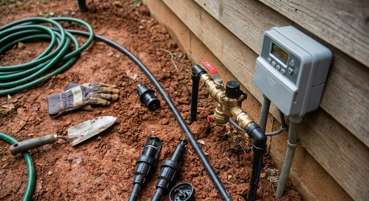 Irrigation system components including valve, timer, and poly pipe installed in Northeast Indiana clay soil