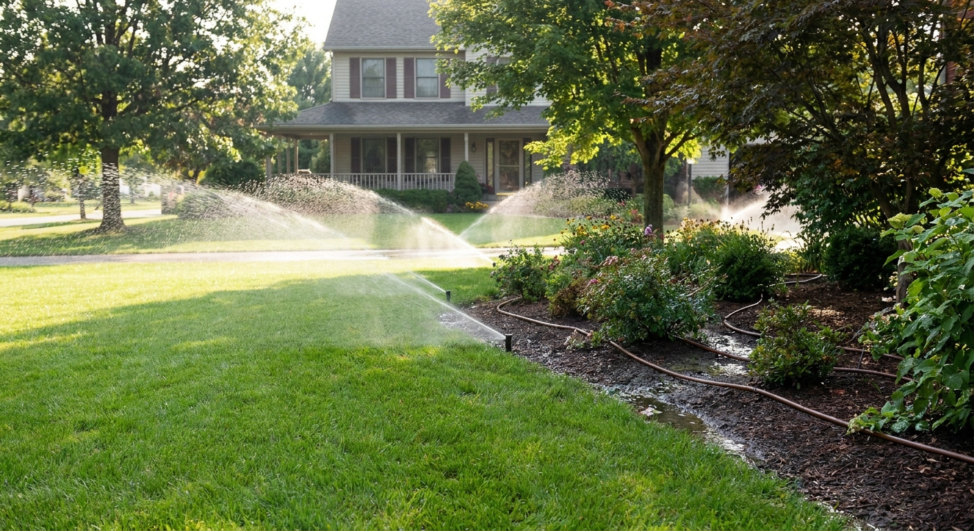 Multiple irrigation zones with different sprinkler types watering a Fort Wayne residential yard and garden beds