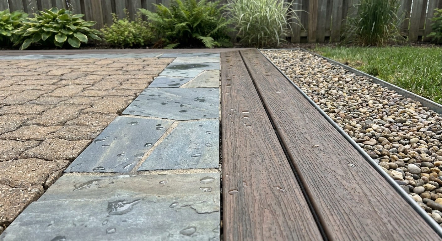 Close-up of concrete pavers, natural stone, and composite decking materials for pool landscaping in Northeast Indiana