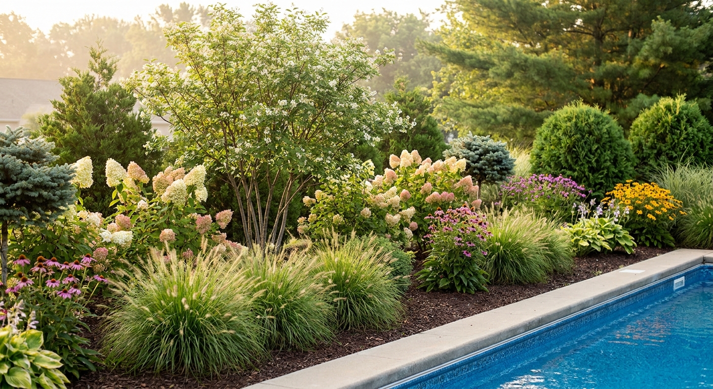 Zone 5b ornamental plants and shrubs landscaping a poolside garden in Fort Wayne, Indiana
