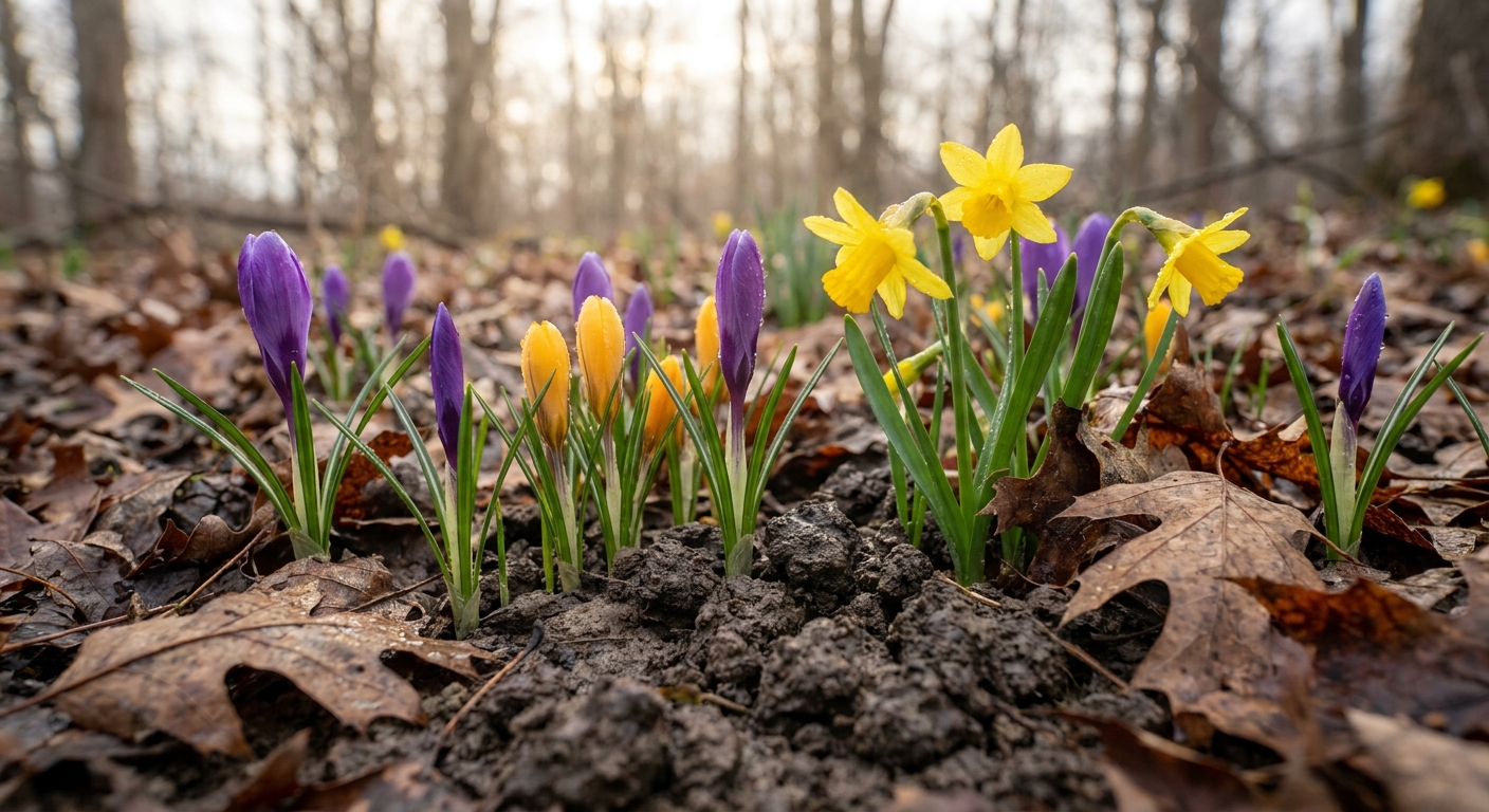 Close-up of crocuses and daffodils emerging from soil in early spring, typical of Fort Wayne gardens