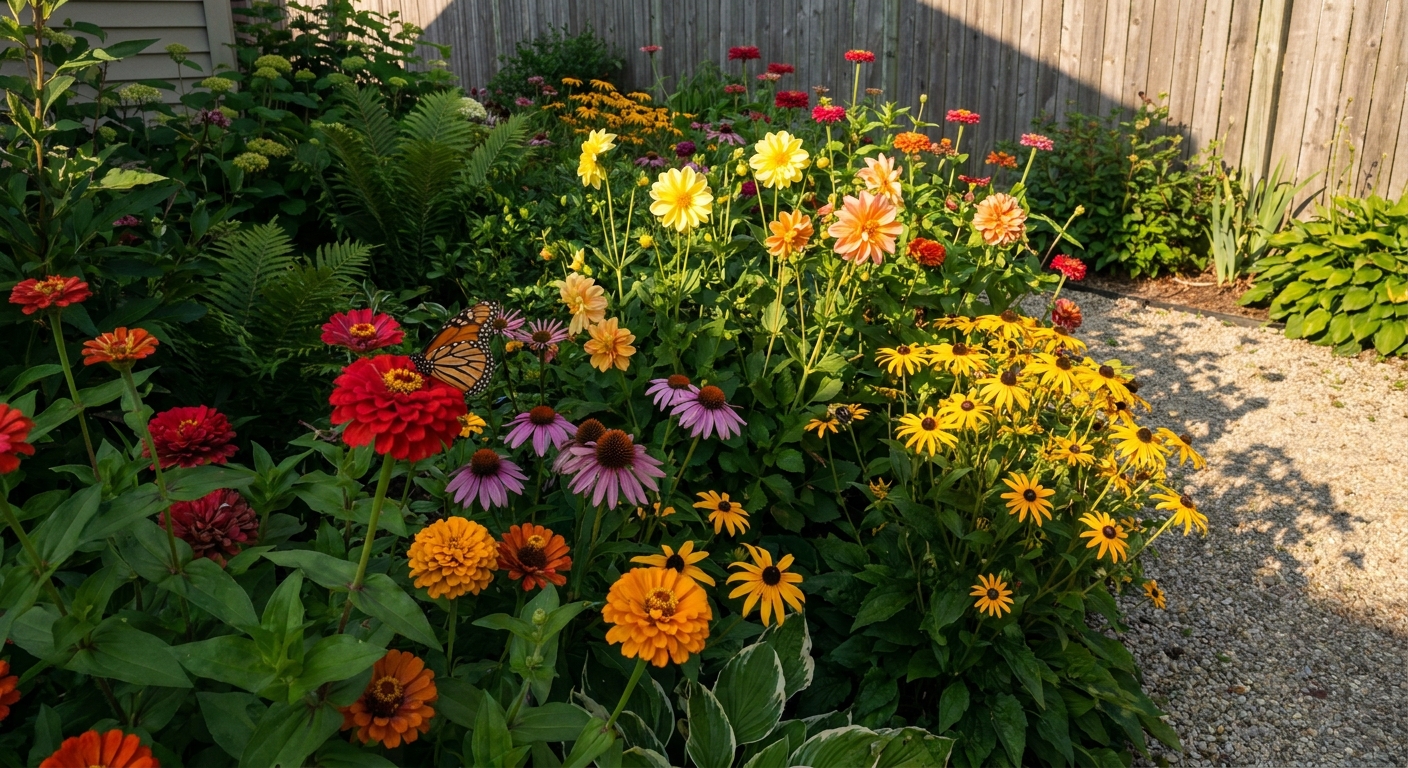 Summer flower garden in full bloom with zinnias, coneflowers, and black-eyed Susans in Fort Wayne