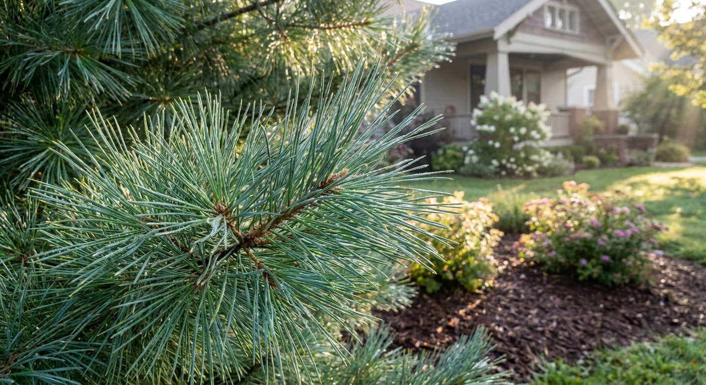 Close-up of healthy Eastern white pine needles with morning sunlight in Northeast Indiana yard