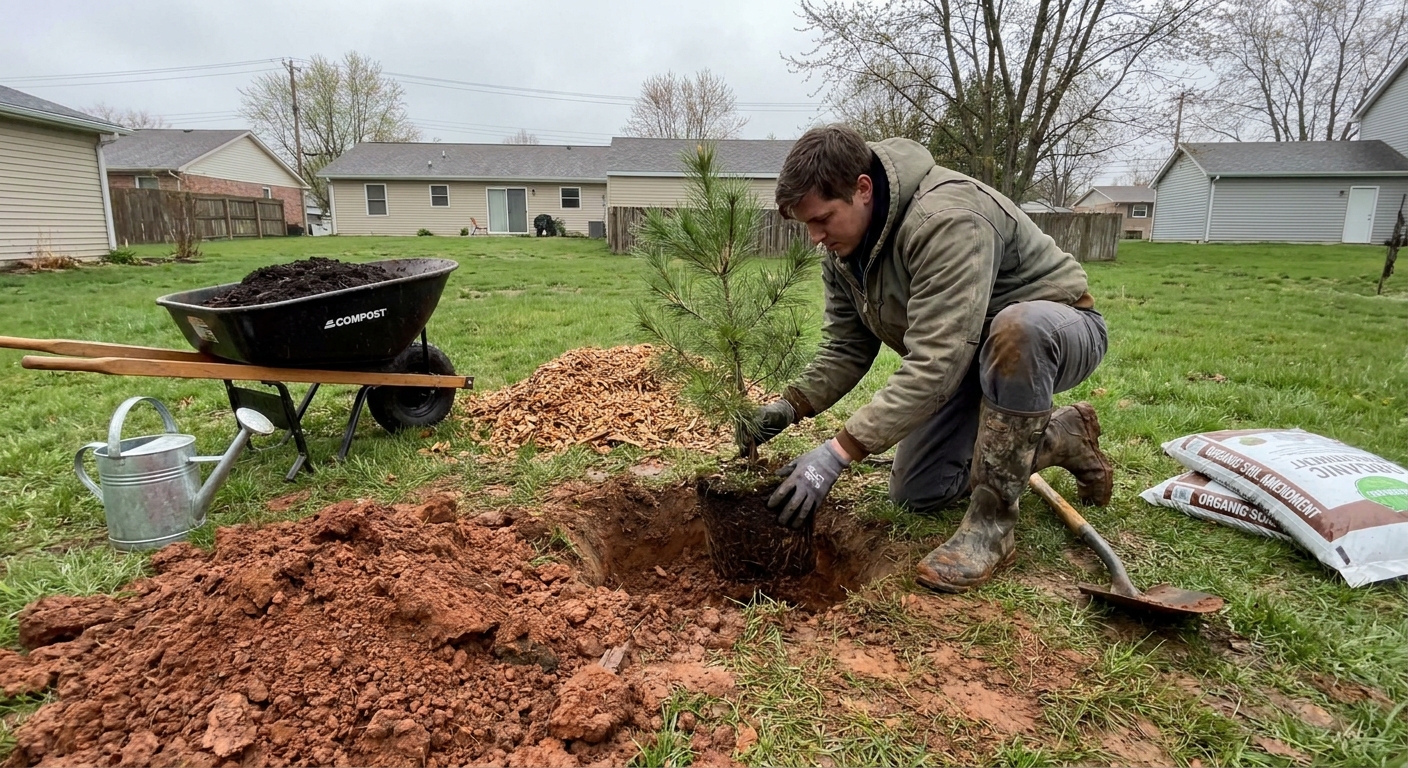 Planting Eastern white pine sapling with amended soil in Fort Wayne Indiana residential garden