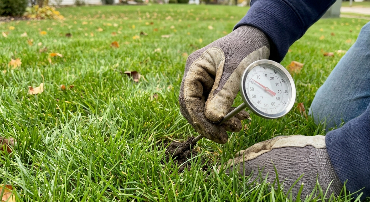 Soil thermometer measuring ideal growing temperature in Fort Wayne lawn during fall preparation window