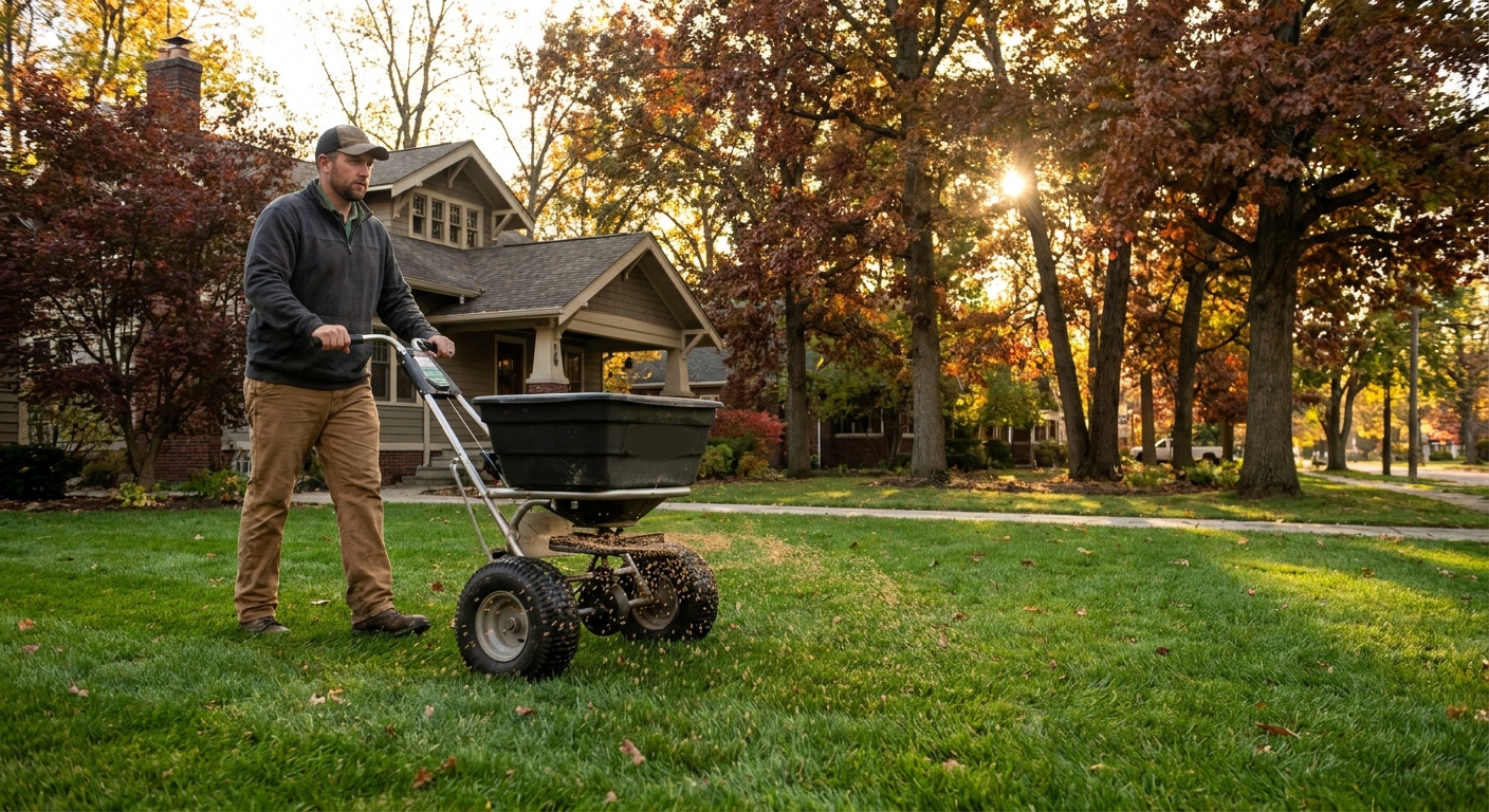 Fall fertilizer application on Fort Wayne lawn with professional spreader and mature trees in background